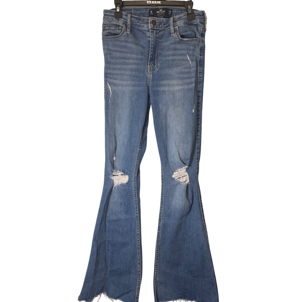 Hollister High Rise Flare‎ Jeans Distressed Raw Hem Medium Wash 3R W26 L31